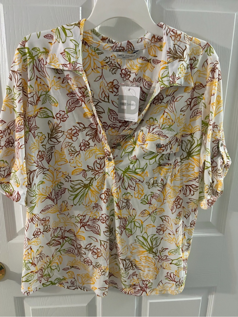 Emily Daniels White Floral Button-Up Blouse with Yellow & Green Print